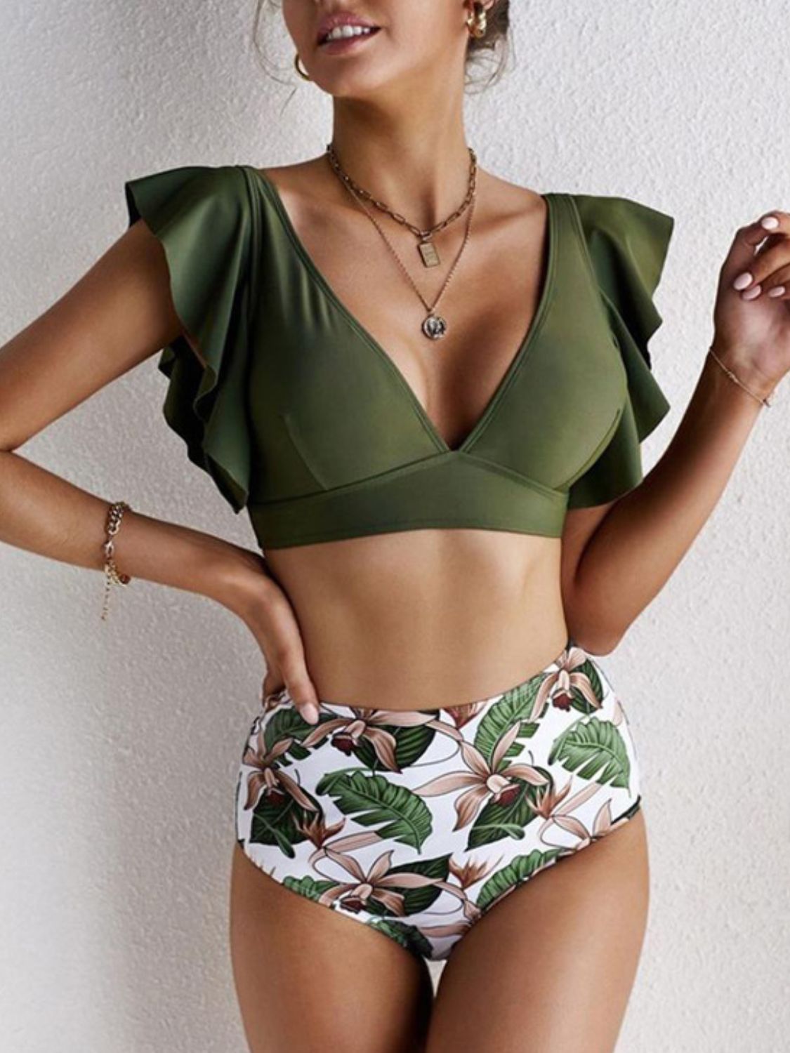 Ruffled Printed V-Neck Two-Piece Swim Set – Feminine & Fun Beach Style