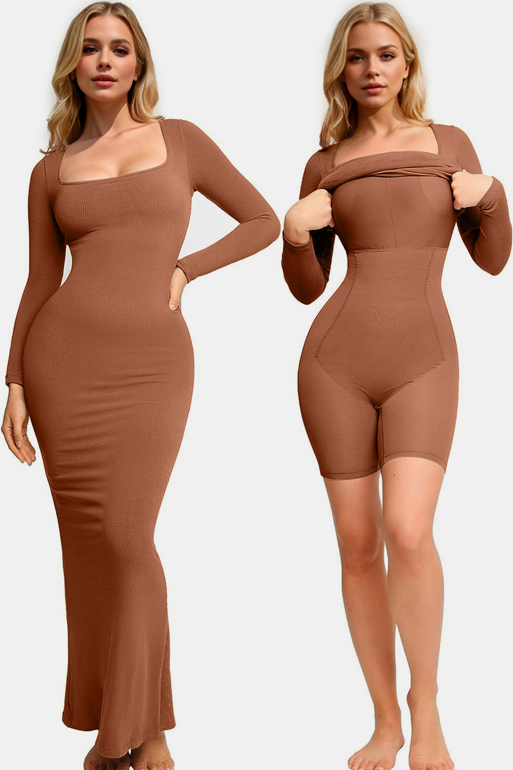 Basic Bae Built-In Shapewear Square Neck Long Sleeve Maxi Dress – Sleek & Flattering