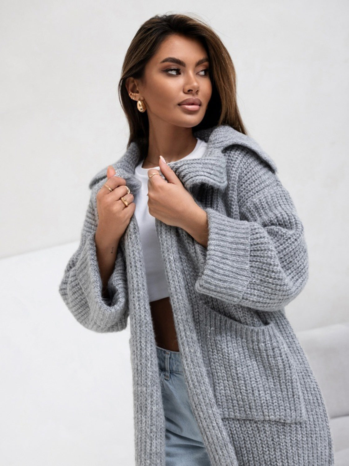 Pocketed Collared Neck Dropped Shoulder Cardigan – Cozy & Functional Knitwear