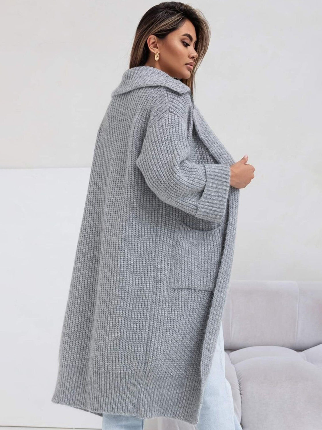 Pocketed Collared Neck Dropped Shoulder Cardigan – Cozy & Functional Knitwear