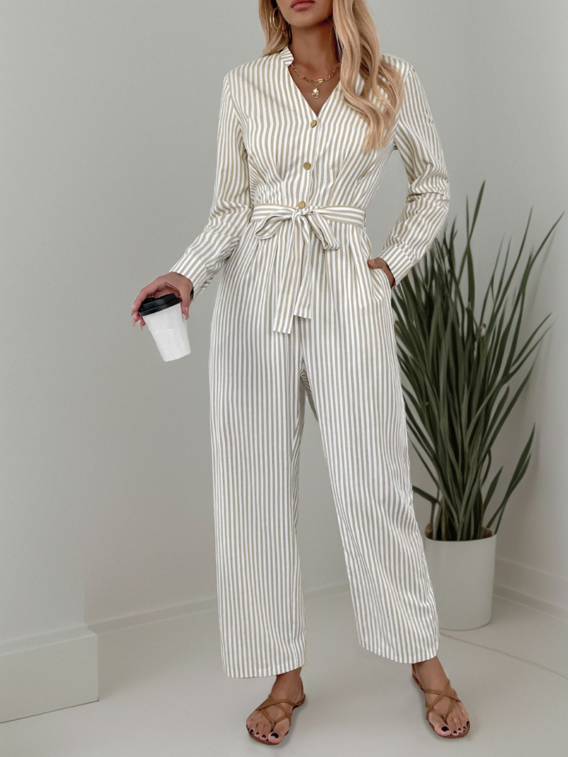 Stripe & Stroll Tie Waist Jumpsuit