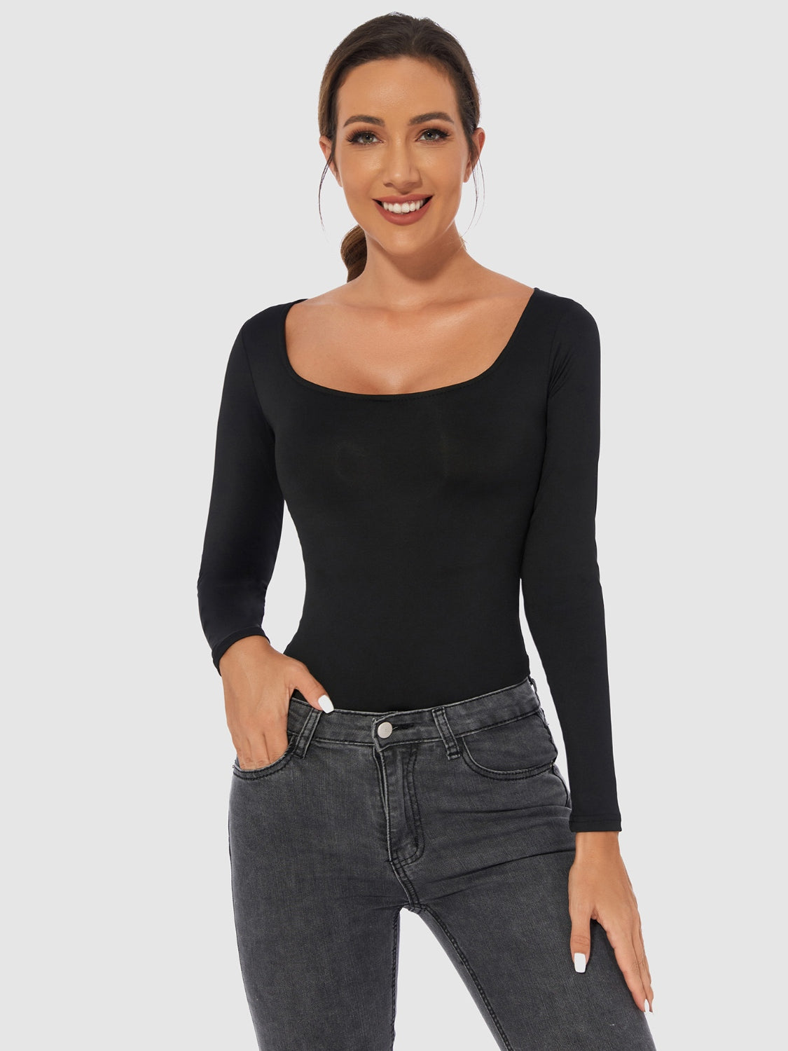 Full Size Scoop Neck Long Sleeve Bodysuit – Classic & Comfortable