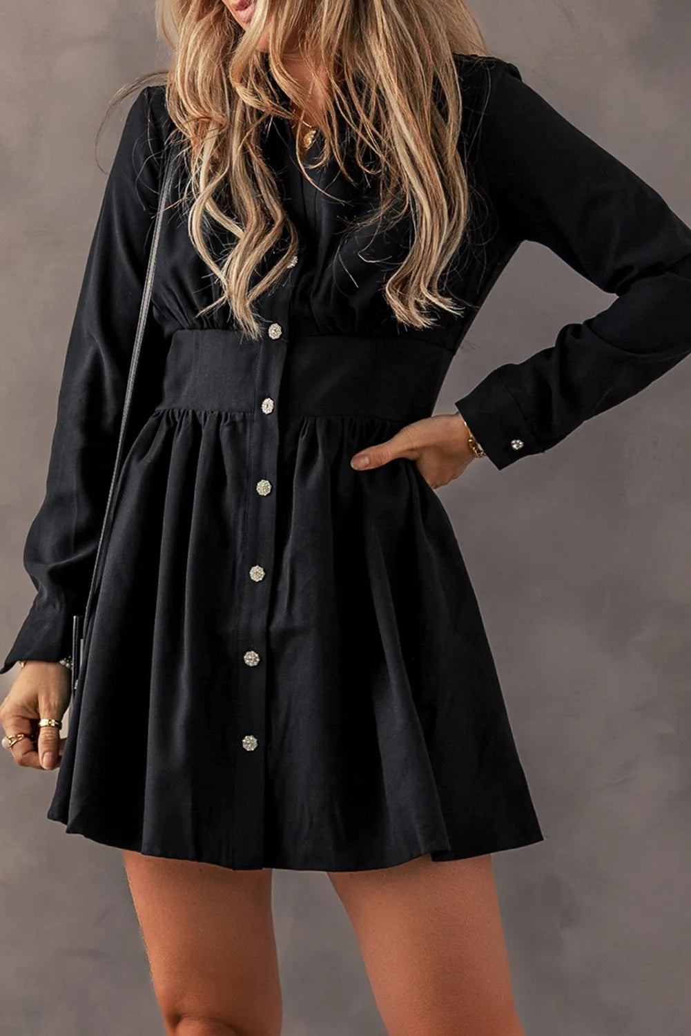 Ruched Button-Up Long Sleeve Dress – Flattering & Sophisticated Style