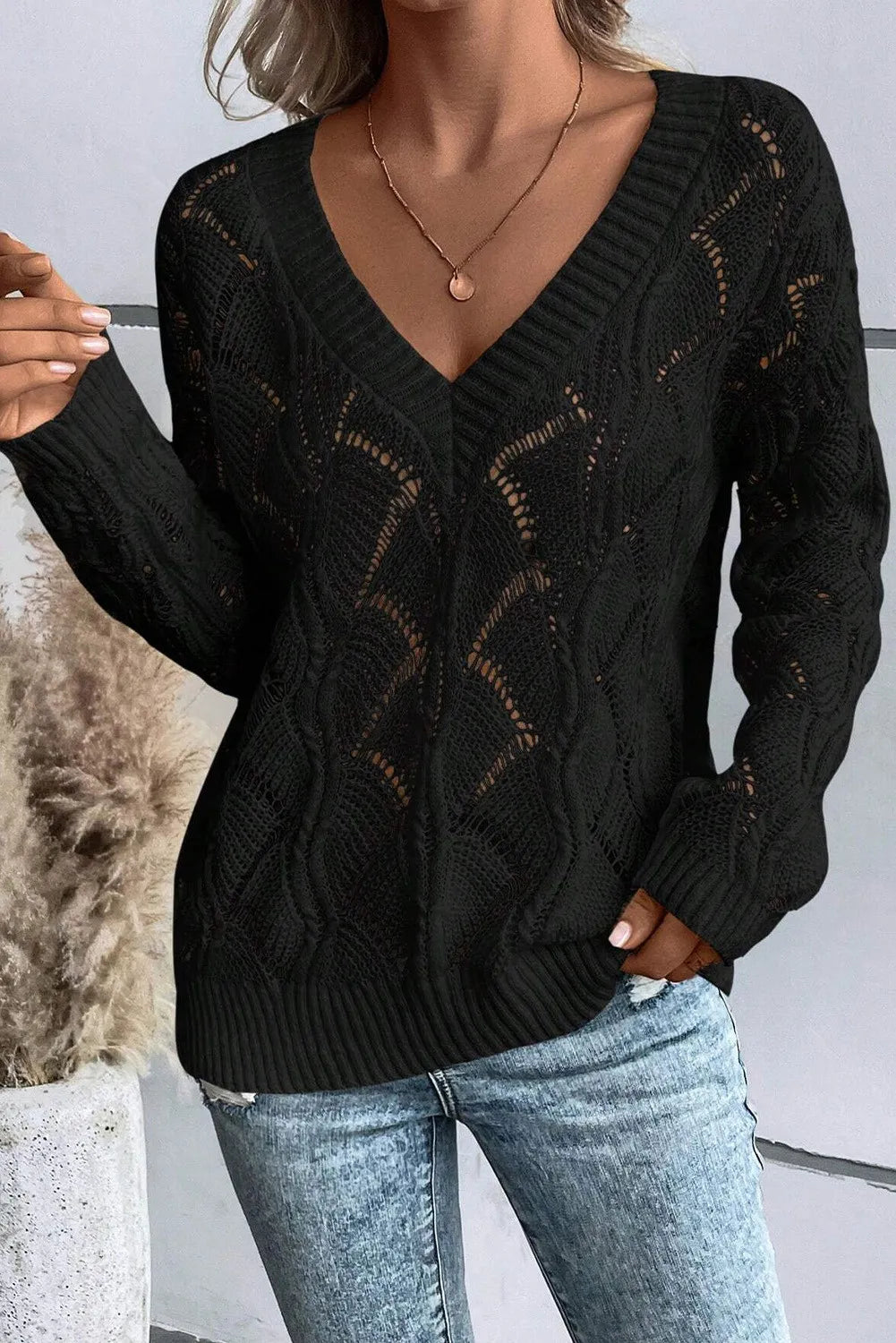 Title: Openwork V-Neck Long Sleeve Sweater – Cozy with a Delicate Touch