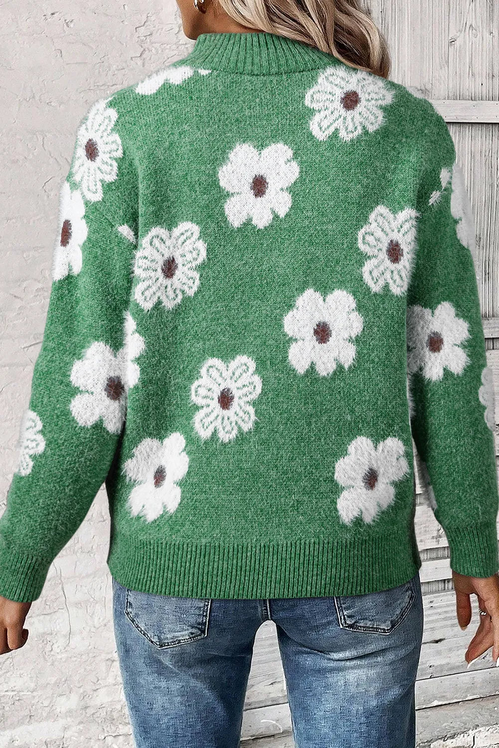 Flower Half-Zip Long Sleeve Sweater – Cozy Style with a Floral Touch