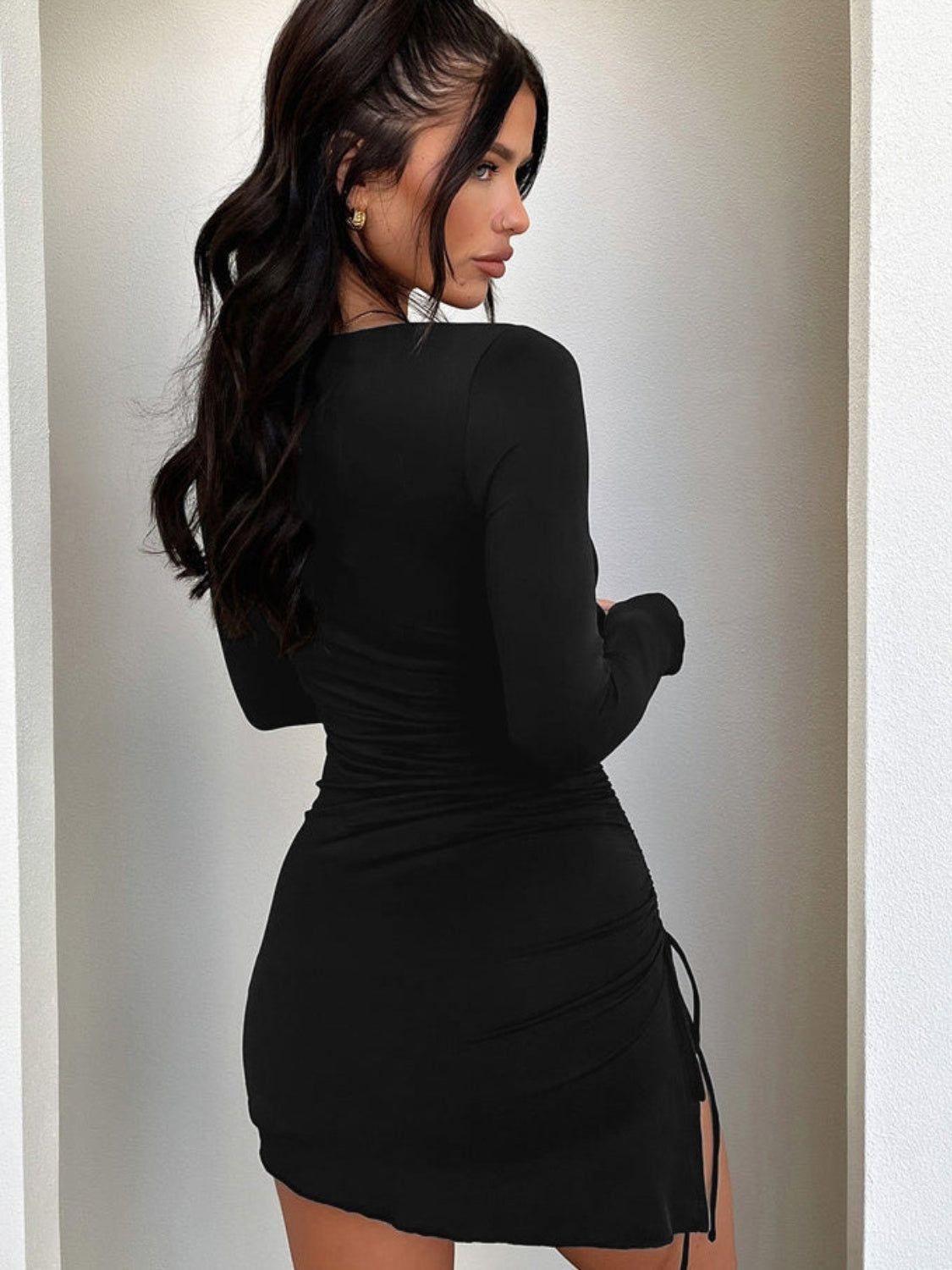 Side Drawstring Round Neck Long Sleeve Dress – Sleek & Versatile Elegance