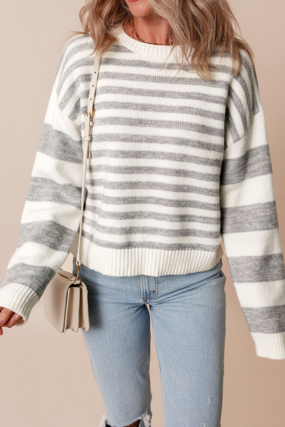 Striped Round Neck Dropped Shoulder Sweater – Casual & Timeless Knit