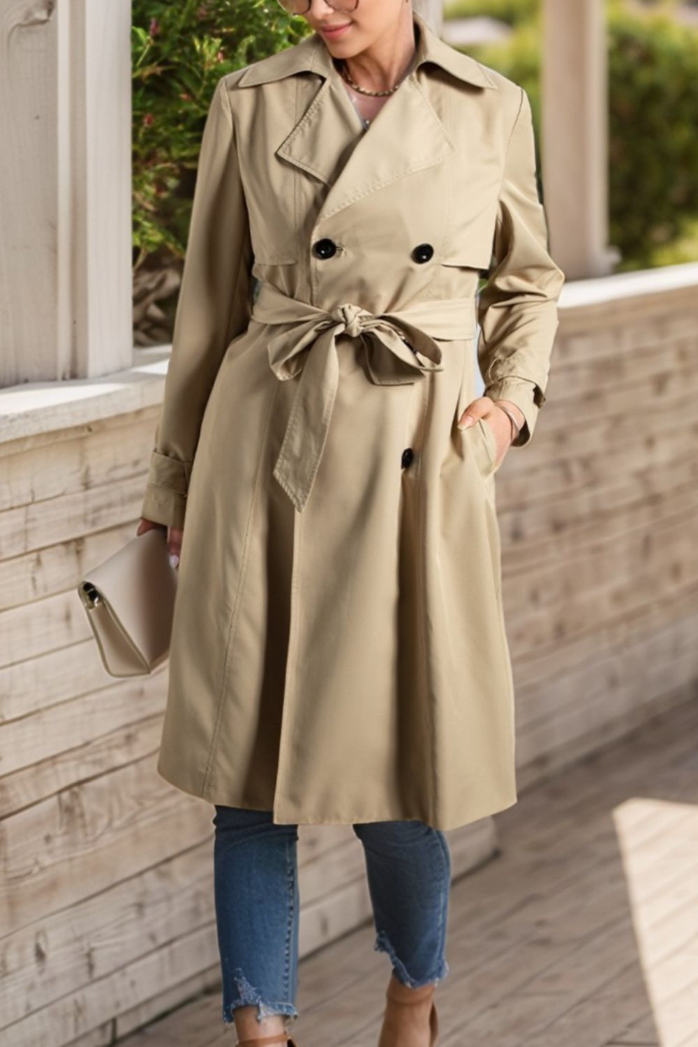 Collared Neck Tie Waist Buttoned Long Sleeve Trench Coat – Timeless & Elegant