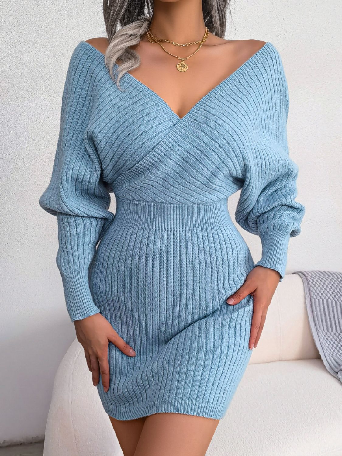 Rib-Knit Dolman Sleeve Sweater Dress – Cozy & Chic Casual Mini