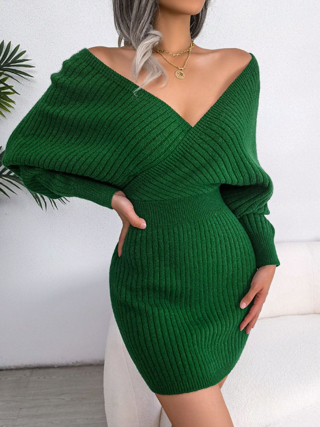 Rib-Knit Dolman Sleeve Sweater Dress – Cozy & Chic Casual Mini