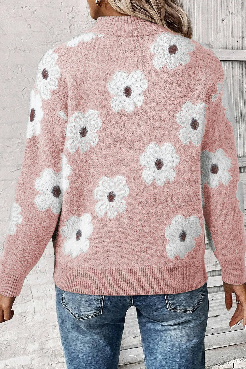 Flower Half-Zip Long Sleeve Sweater – Cozy Style with a Floral Touch