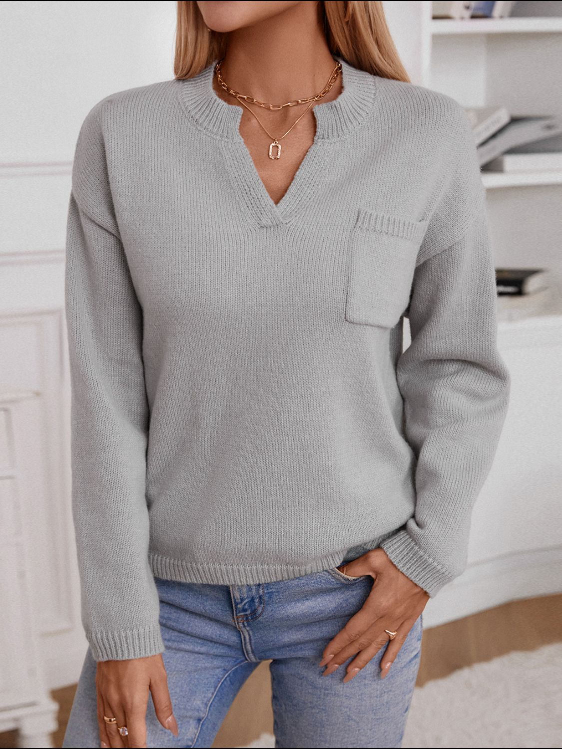 Pocketed Notched Long Sleeve Knit Top – Simple & Functional Everyday Wear