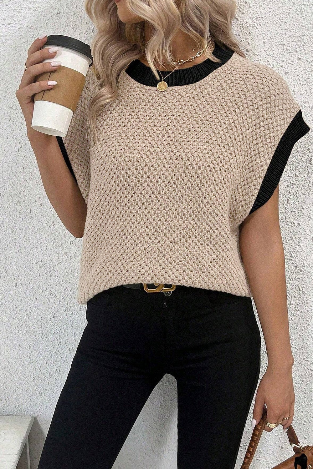 Contrast Round Neck Cap Sleeve Knit Top – Classic and Comfortable Basic