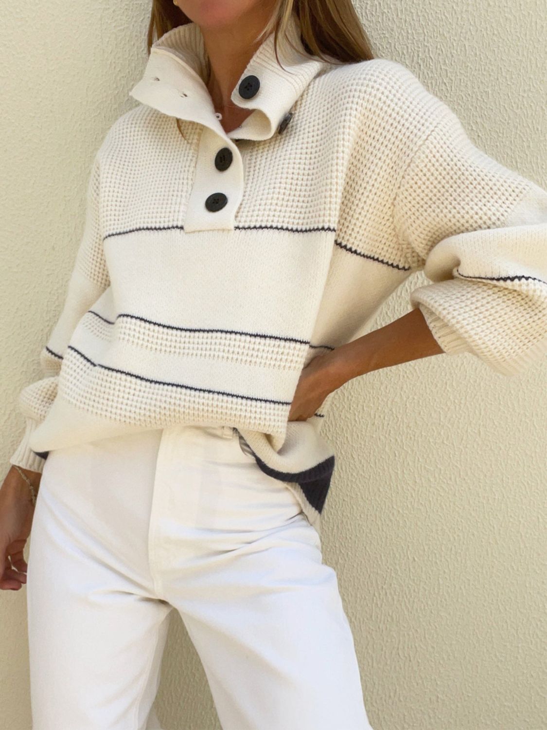 Waffle-Knit Half Button Long Sleeve Sweater – Cozy & Casual Essential