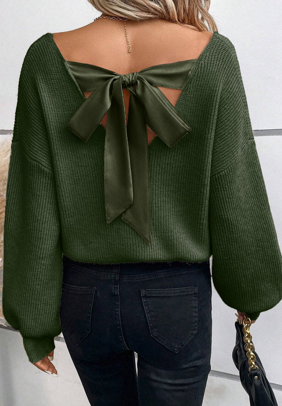 Tied Back V-Neck Long Sleeve Sweater – Feminine & Elegant Knitwear