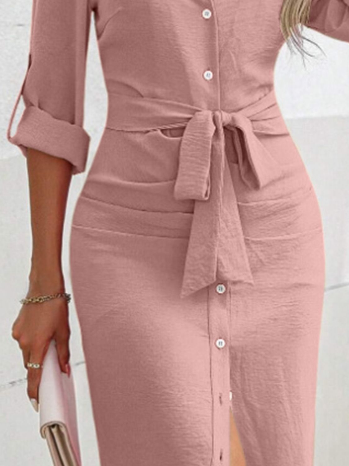 Tied Button-Up Collared Neck Roll-Tab Sleeve Dress – Versatile & Effortlessly Stylish