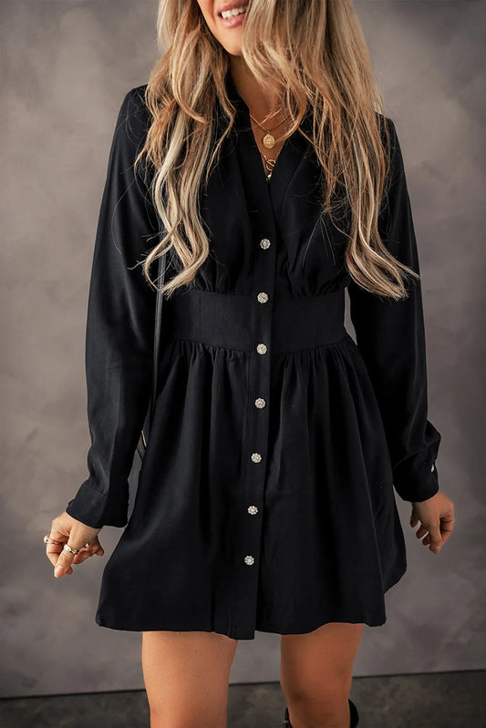 Ruched Button-Up Long Sleeve Dress – Flattering & Sophisticated Style