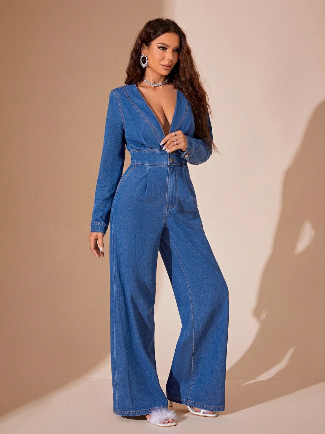 Plunge Long Sleeve Wide Leg Denim Jumpsuit – Bold & Timeless Style