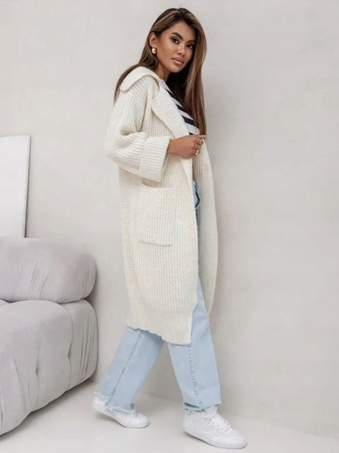 Pocketed Collared Neck Dropped Shoulder Cardigan – Cozy & Functional Knitwear