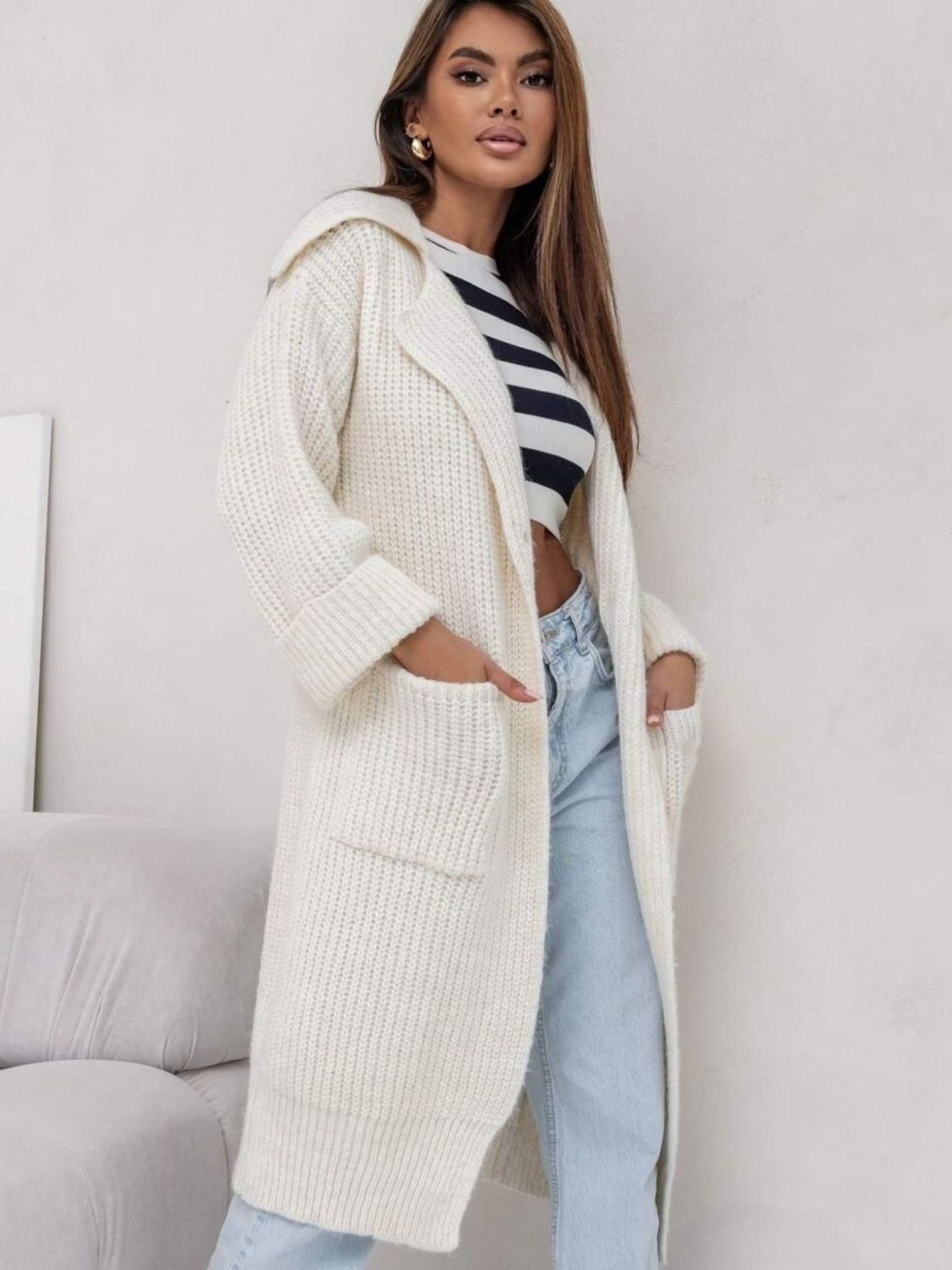 Pocketed Collared Neck Dropped Shoulder Cardigan – Cozy & Functional Knitwear