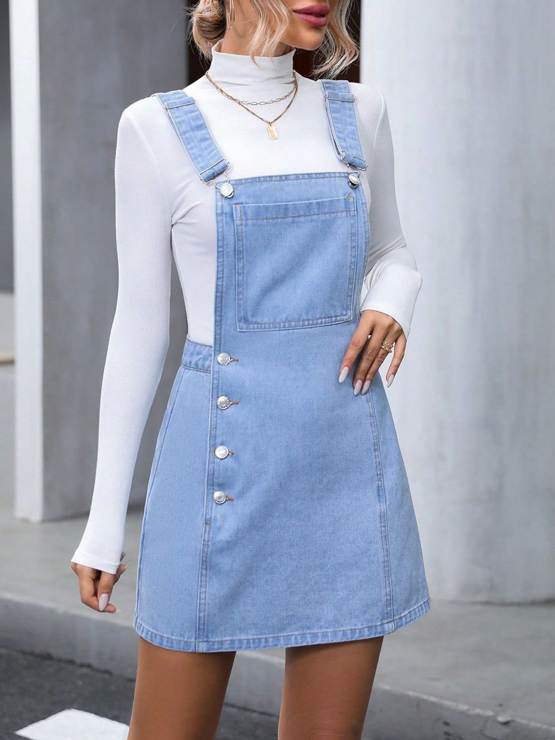 Wide Strap Buttoned Denim Overall Dress – Classic & Versatile Denim Style