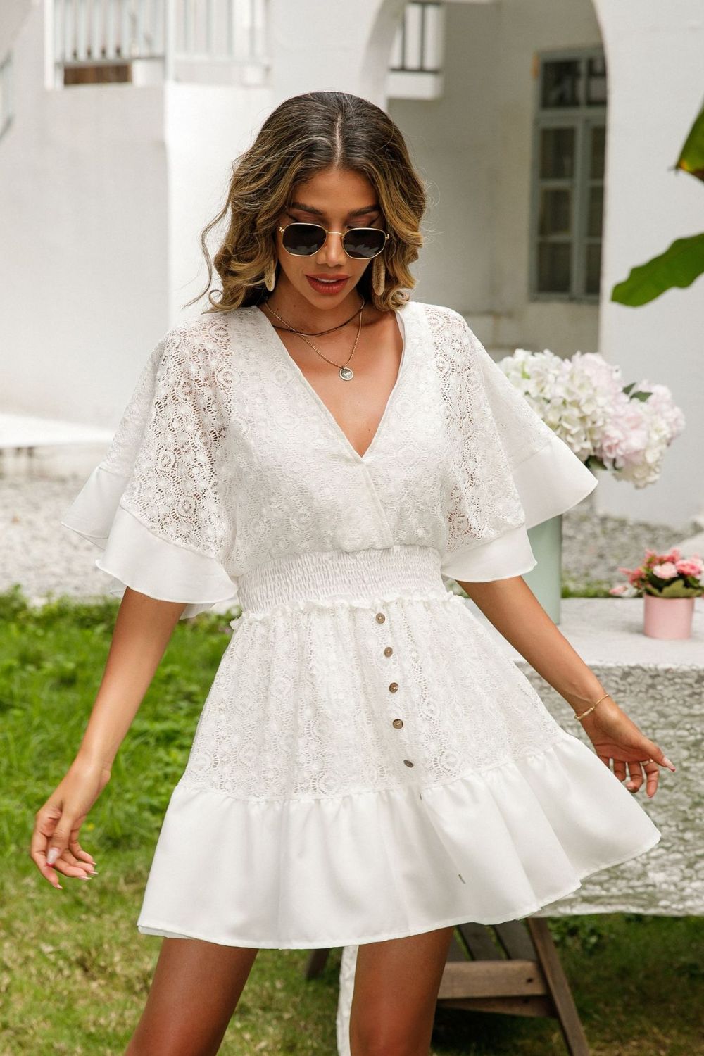 Lace Cutout Surplice Half Sleeve Dress – Elegant and Alluring