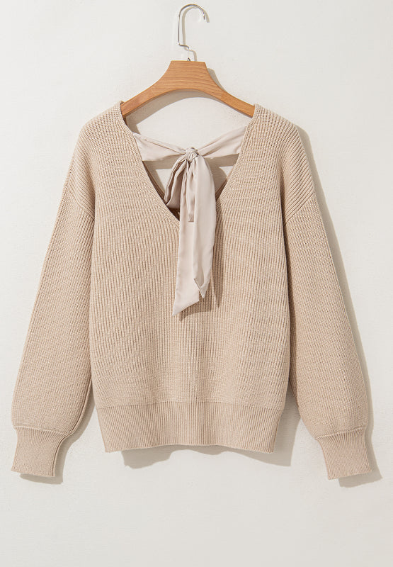 Tied Back V-Neck Long Sleeve Sweater – Feminine & Elegant Knitwear