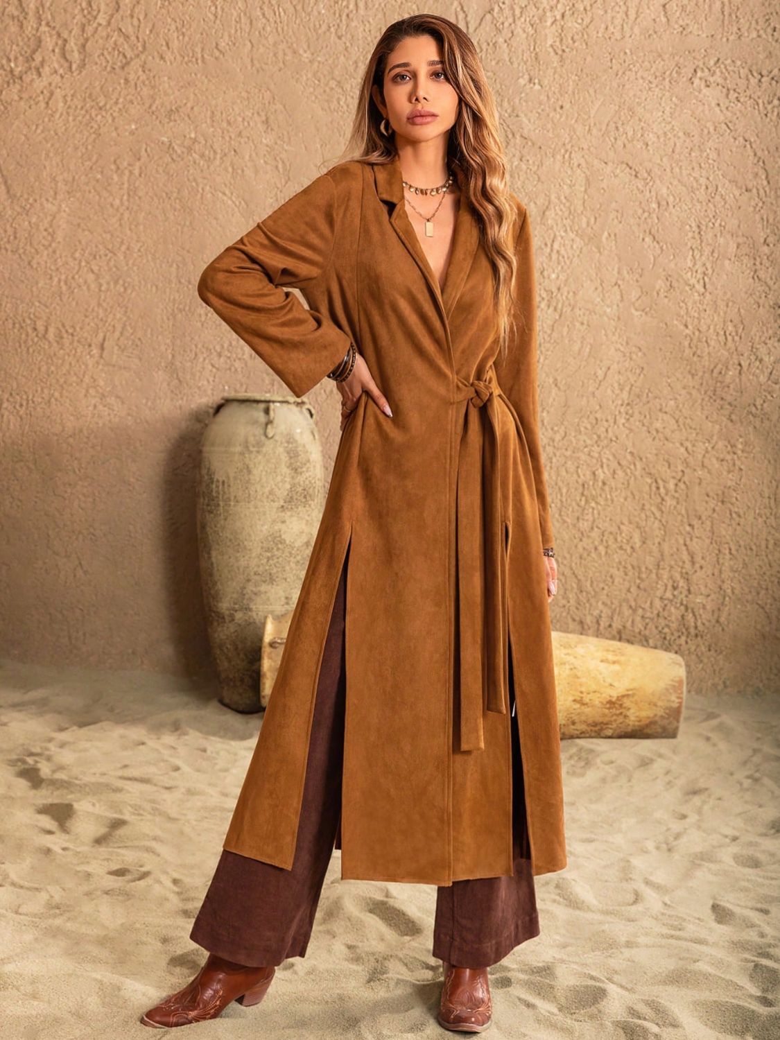 Slit Tied Collared Neck Longline Coat – Elegant & Versatile Outerwear