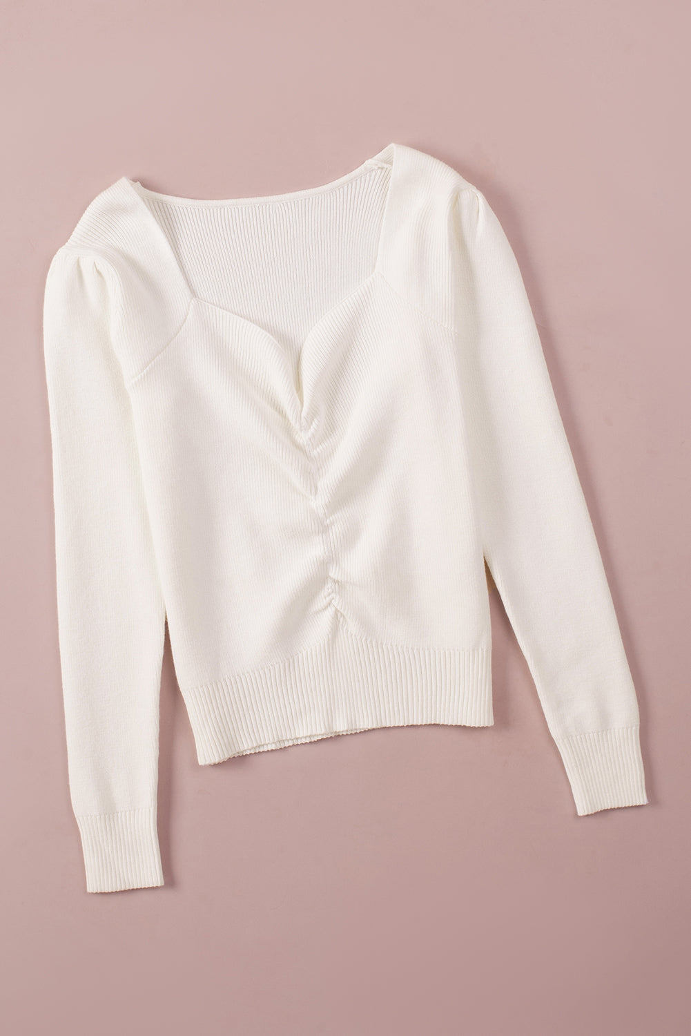 Ruched Sweetheart Neck Long Sleeve Sweater – Feminine & Flattering Knit