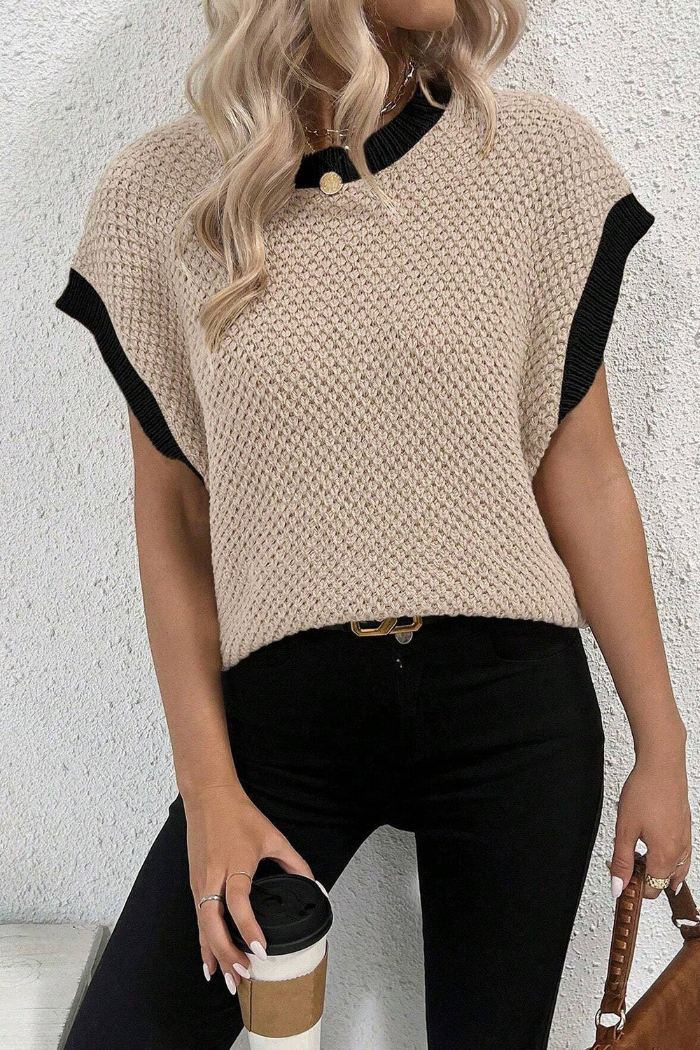 Contrast Round Neck Cap Sleeve Knit Top – Classic and Comfortable Basic