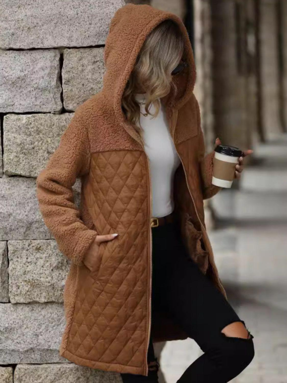 Textured Zip-Up Long Sleeve Hooded Coat – Stylish & Lightweight Outerwear