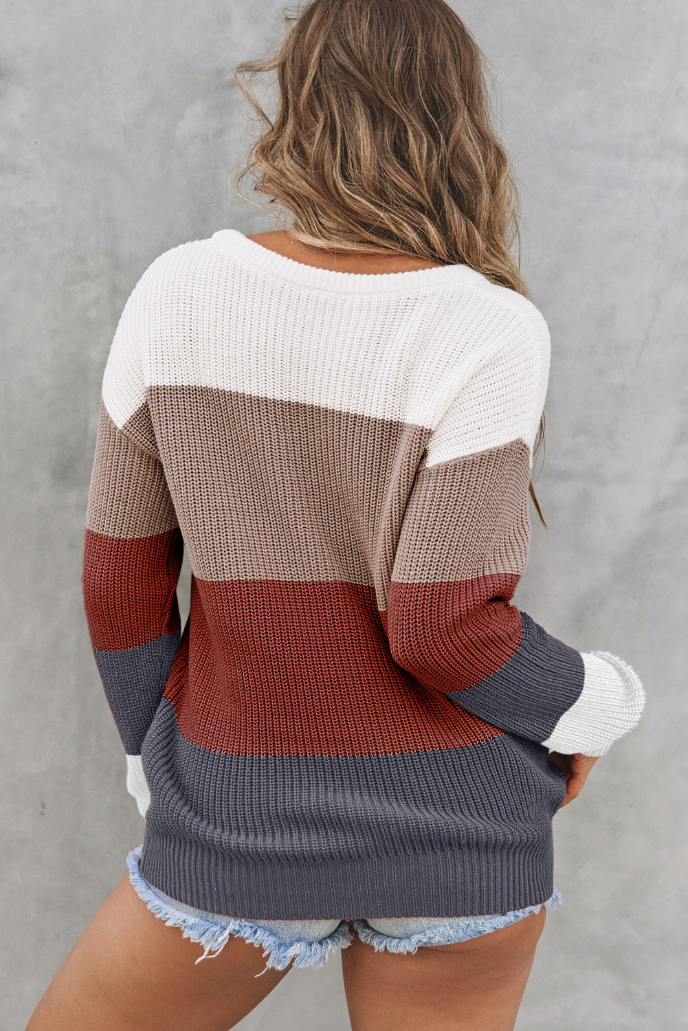 Cozy Color Block Striped Sweater with Crew Neck and Long Sleeves