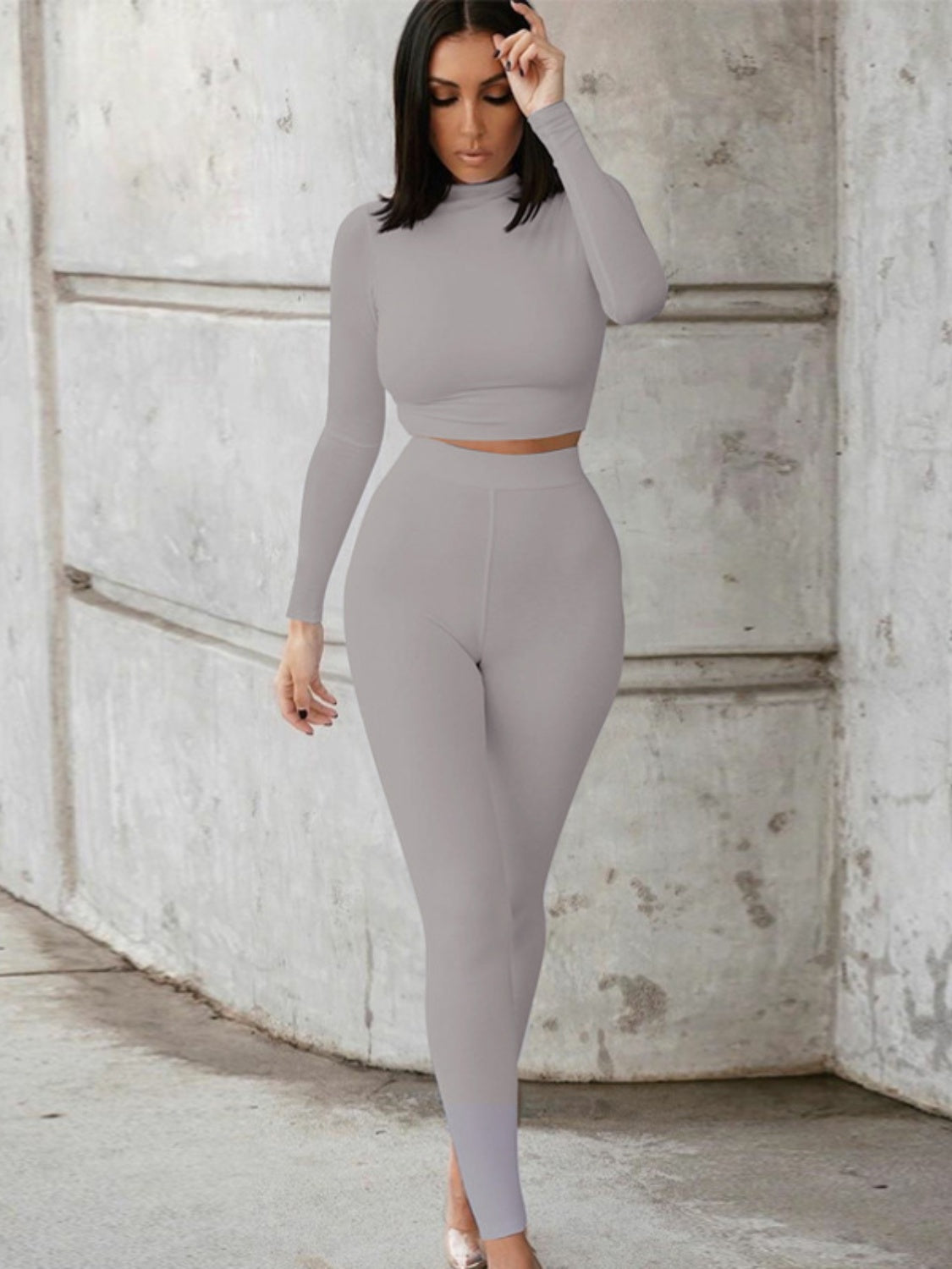 Mock Neck Long Sleeve Top and High Waist Pants Set – Effortless Everyday Style