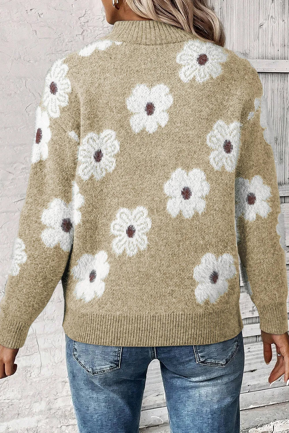 Flower Half-Zip Long Sleeve Sweater – Cozy Style with a Floral Touch