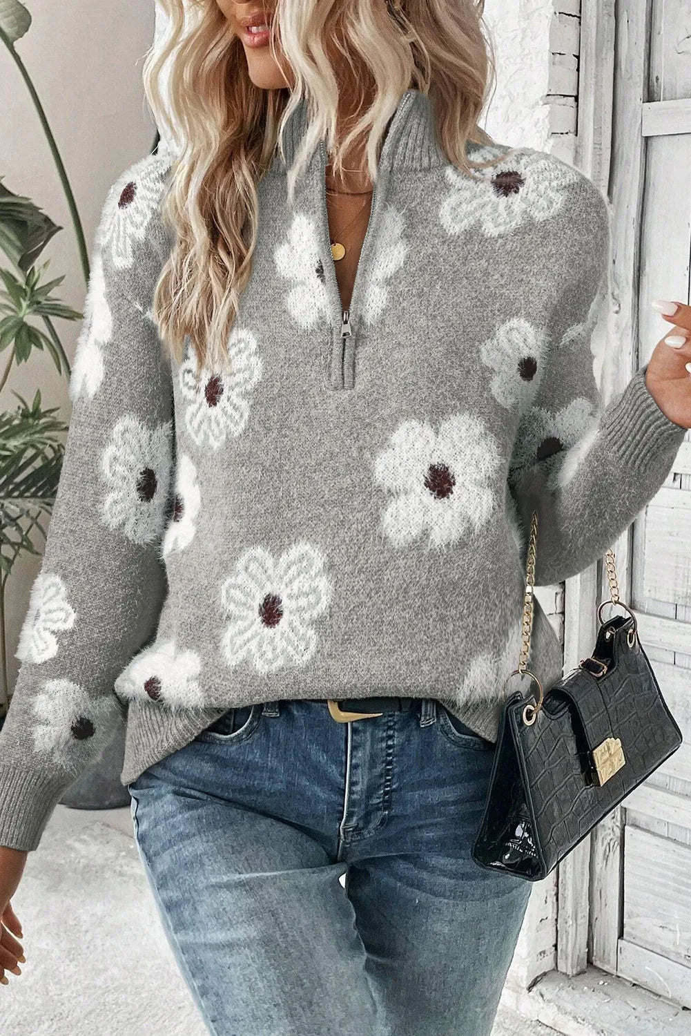 Flower Half-Zip Long Sleeve Sweater – Cozy Style with a Floral Touch