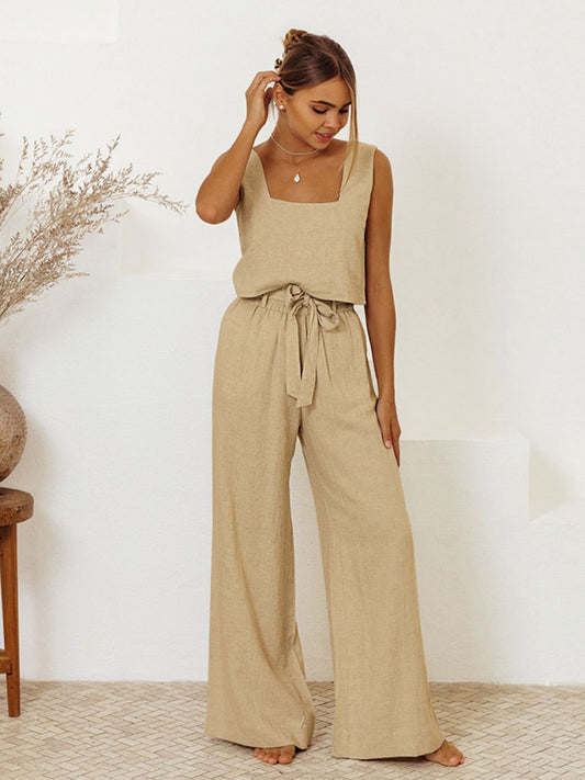 Square Neck Sleeveless Top and Ruffled Pants Set – Elegant & Playful Two-Piece