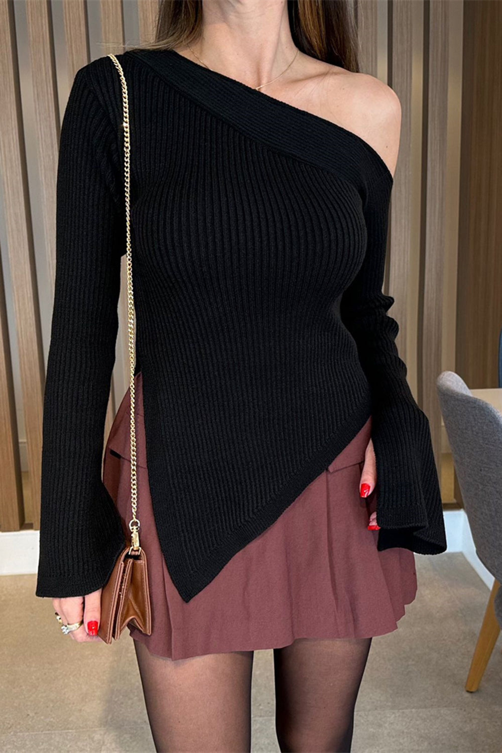 Asymmetric Hem Single Shoulder Sweater – Modern & Edgy Style