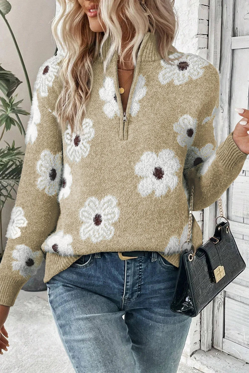 Flower Half-Zip Long Sleeve Sweater – Cozy Style with a Floral Touch