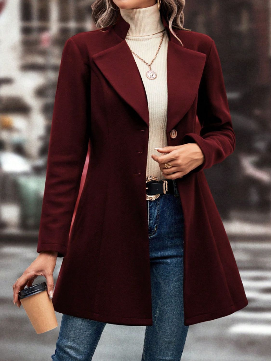 Collared Neck Button-Up Long Sleeve Coat – Timeless & Versatile Outerwear