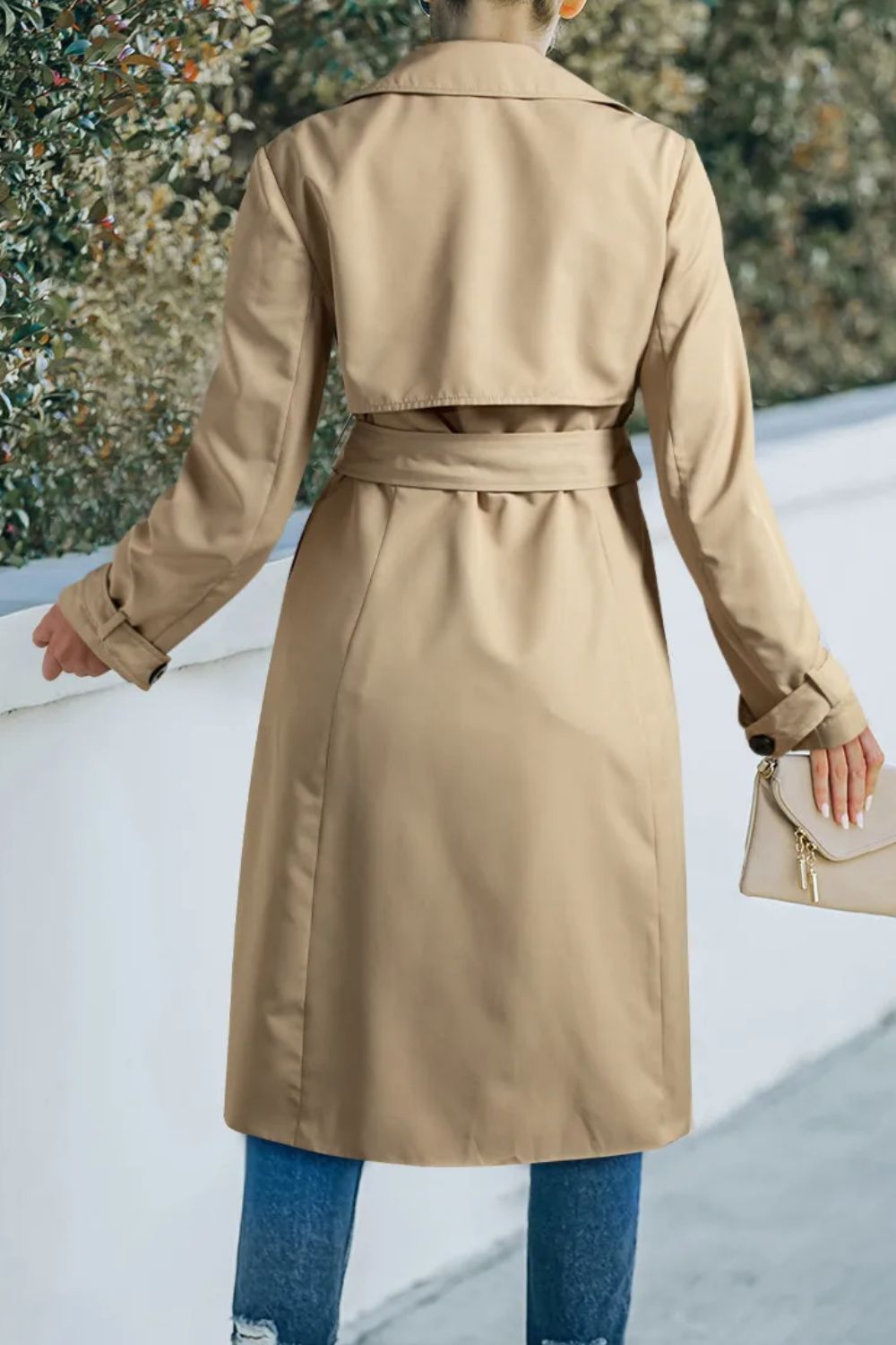 Collared Neck Tie Waist Buttoned Long Sleeve Trench Coat – Timeless & Elegant