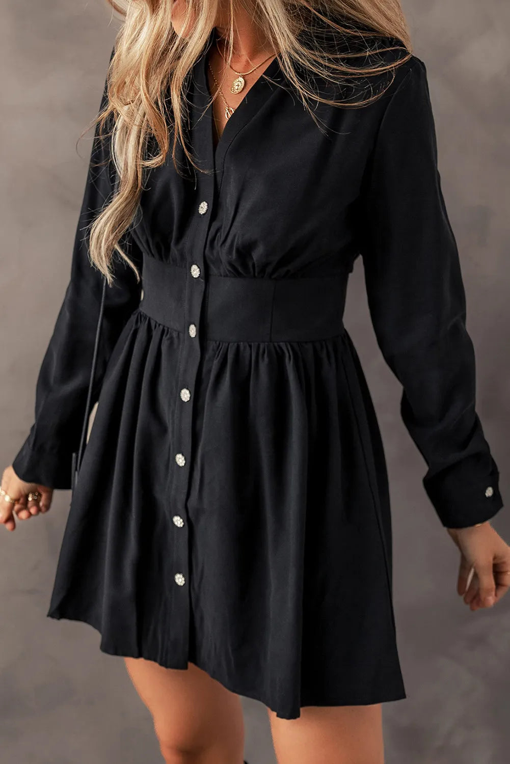 Ruched Button-Up Long Sleeve Dress – Flattering & Sophisticated Style