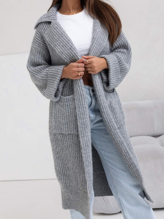 Pocketed Collared Neck Dropped Shoulder Cardigan – Cozy & Functional Knitwear