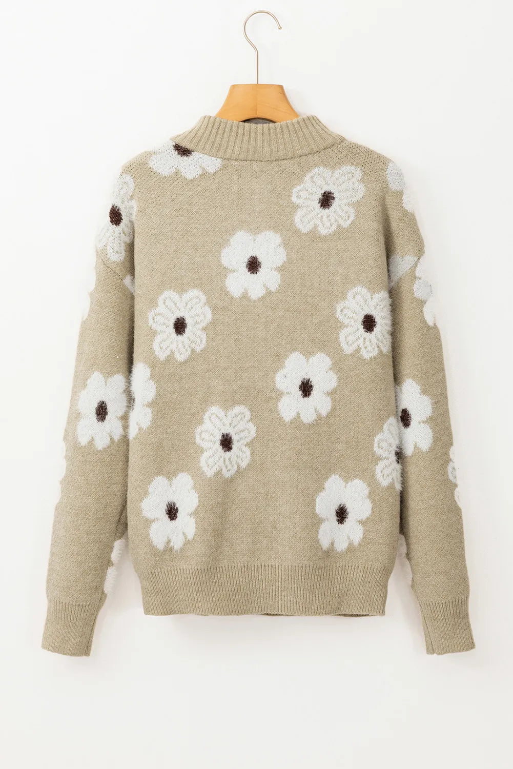 Flower Half-Zip Long Sleeve Sweater – Cozy Style with a Floral Touch