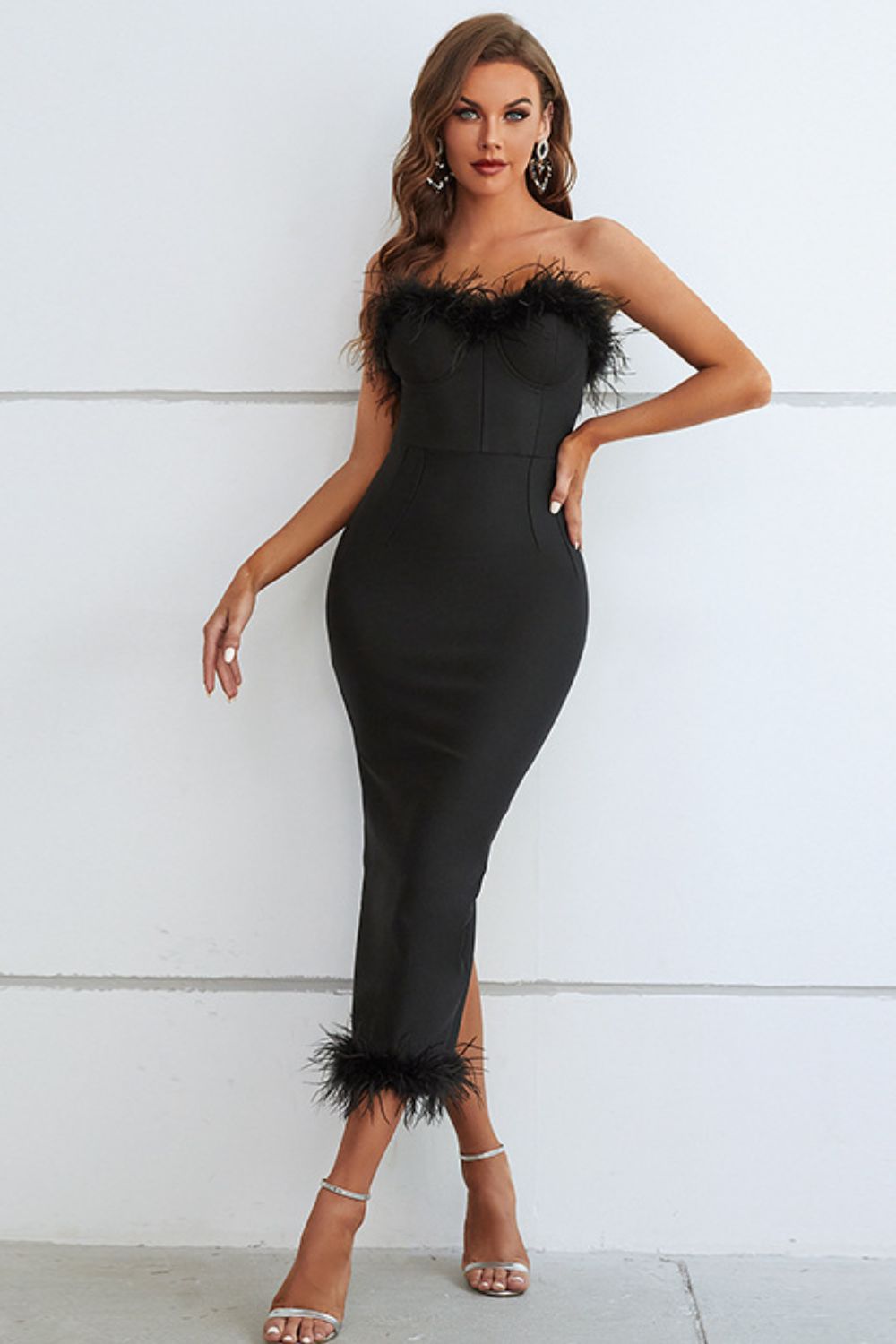 Feathered Elegance Midi Dress