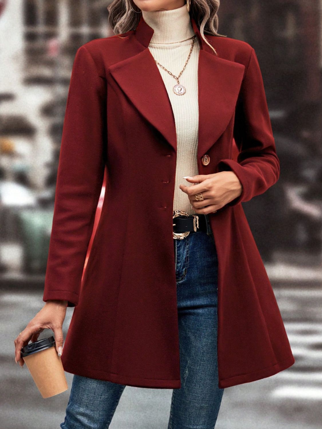 Collared Neck Button-Up Long Sleeve Coat – Timeless & Versatile Outerwear