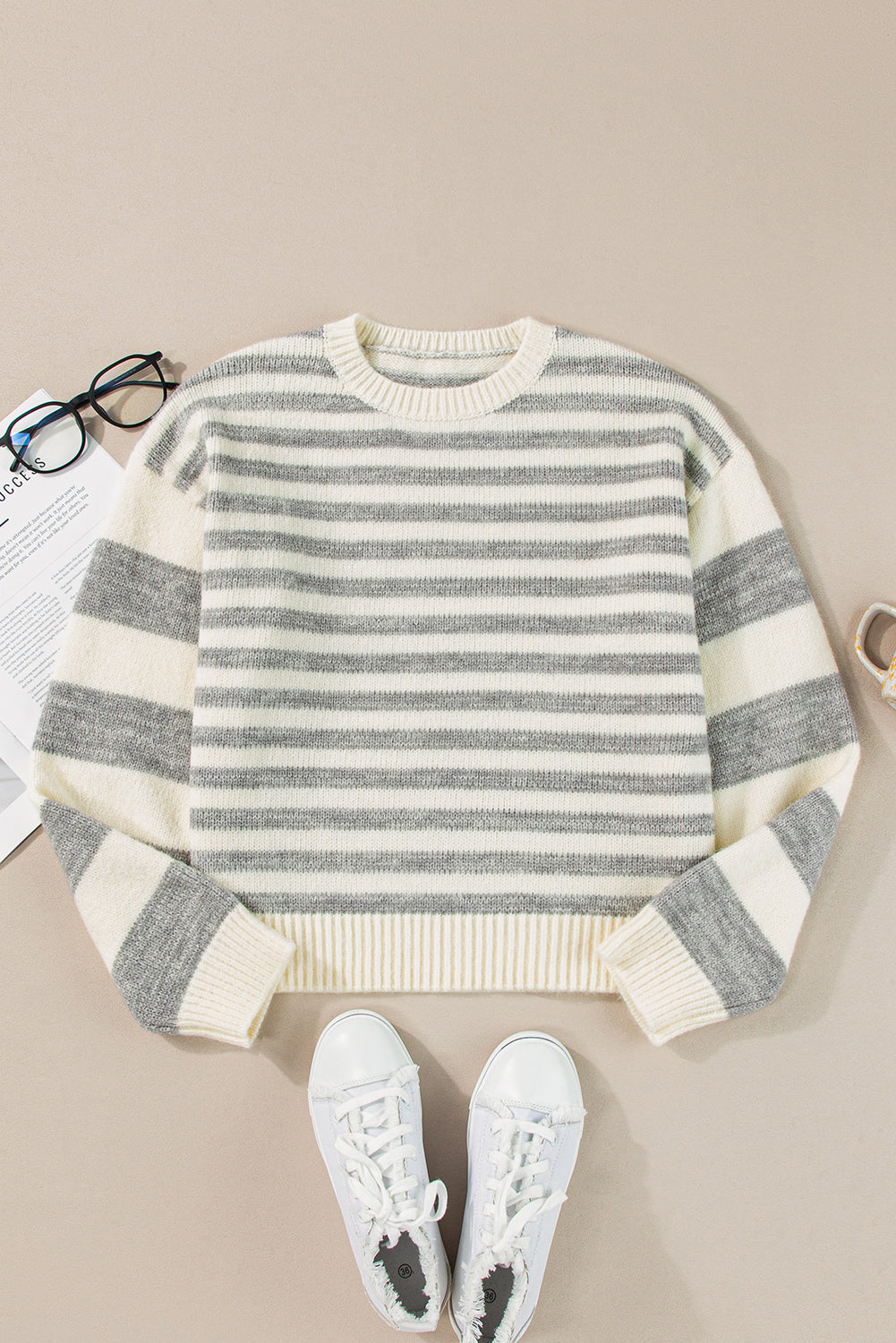 Striped Round Neck Dropped Shoulder Sweater – Casual & Timeless Knit