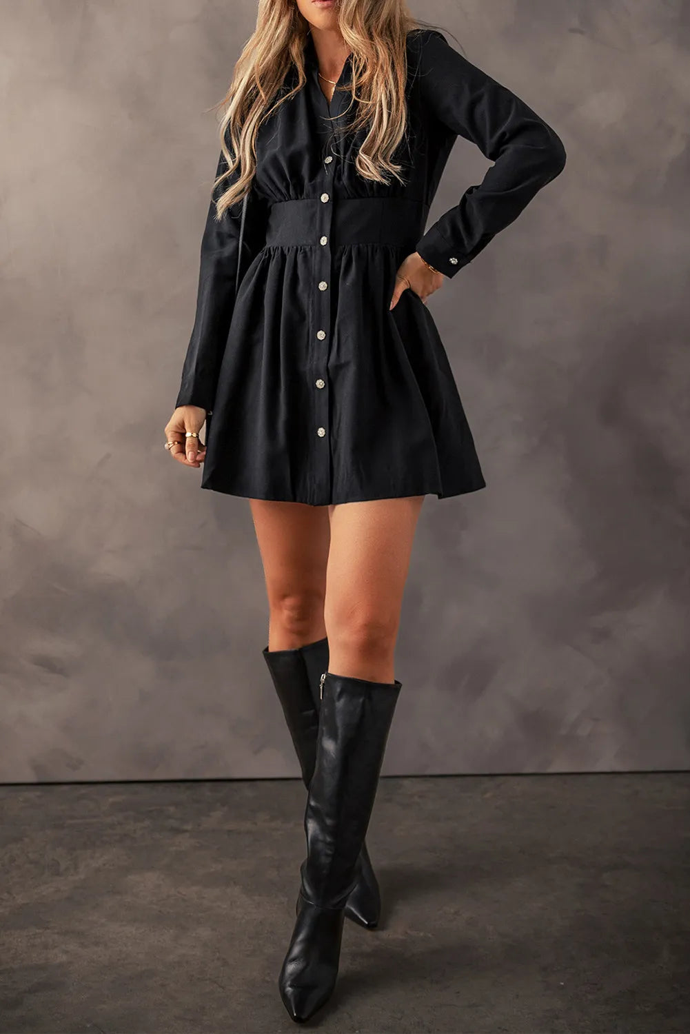 Ruched Button-Up Long Sleeve Dress – Flattering & Sophisticated Style