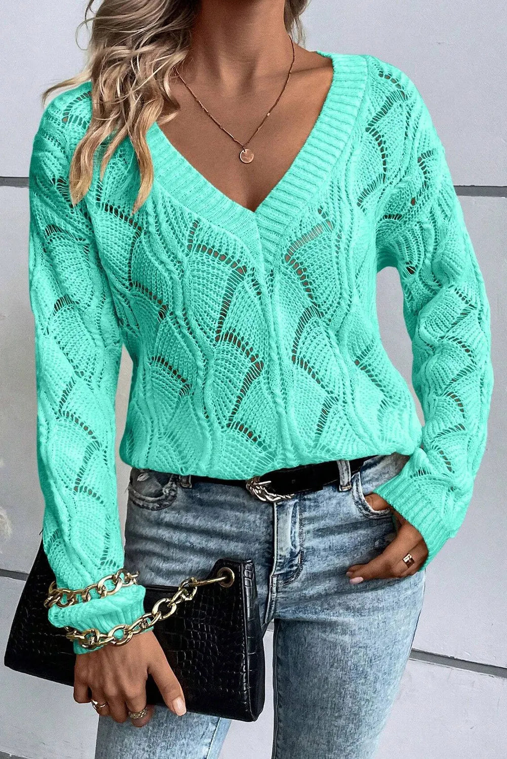 Title: Openwork V-Neck Long Sleeve Sweater – Cozy with a Delicate Touch