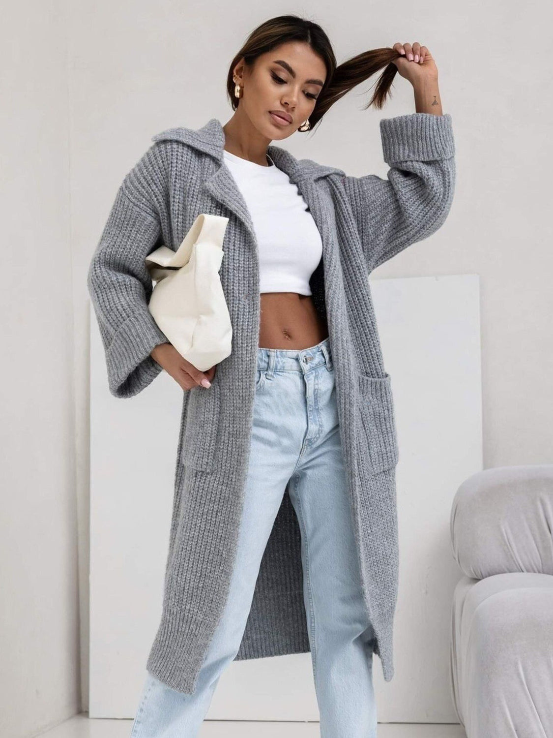 Pocketed Collared Neck Dropped Shoulder Cardigan – Cozy & Functional Knitwear