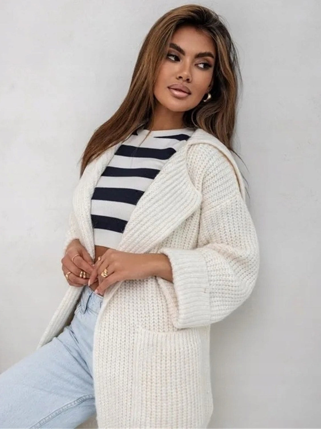 Pocketed Collared Neck Dropped Shoulder Cardigan – Cozy & Functional Knitwear